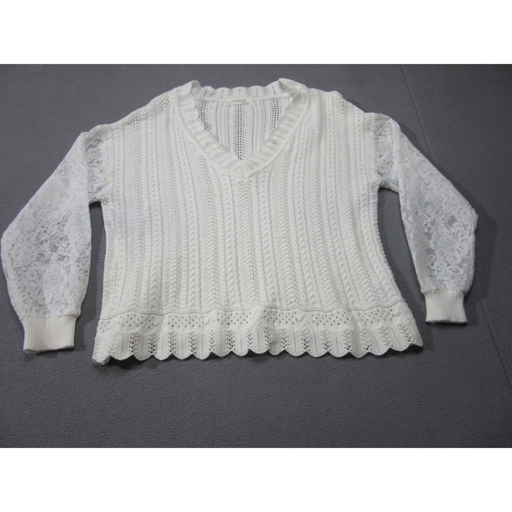 Anthropologie Sweater Womens Medium White Cable Knit Lace Crochet Sleeve V-Neck